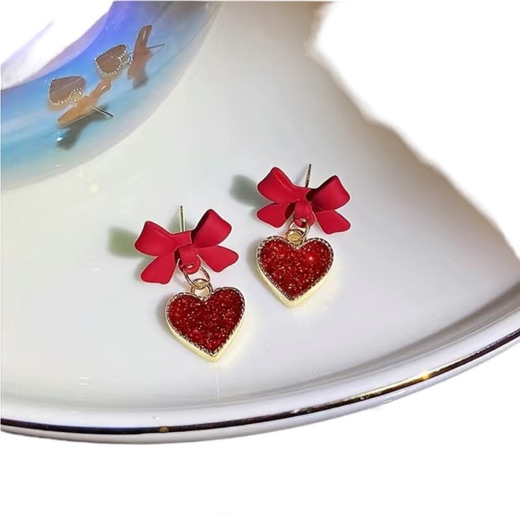 Red and Gold Bowknot Drop Earrings - Picture 7 of 7